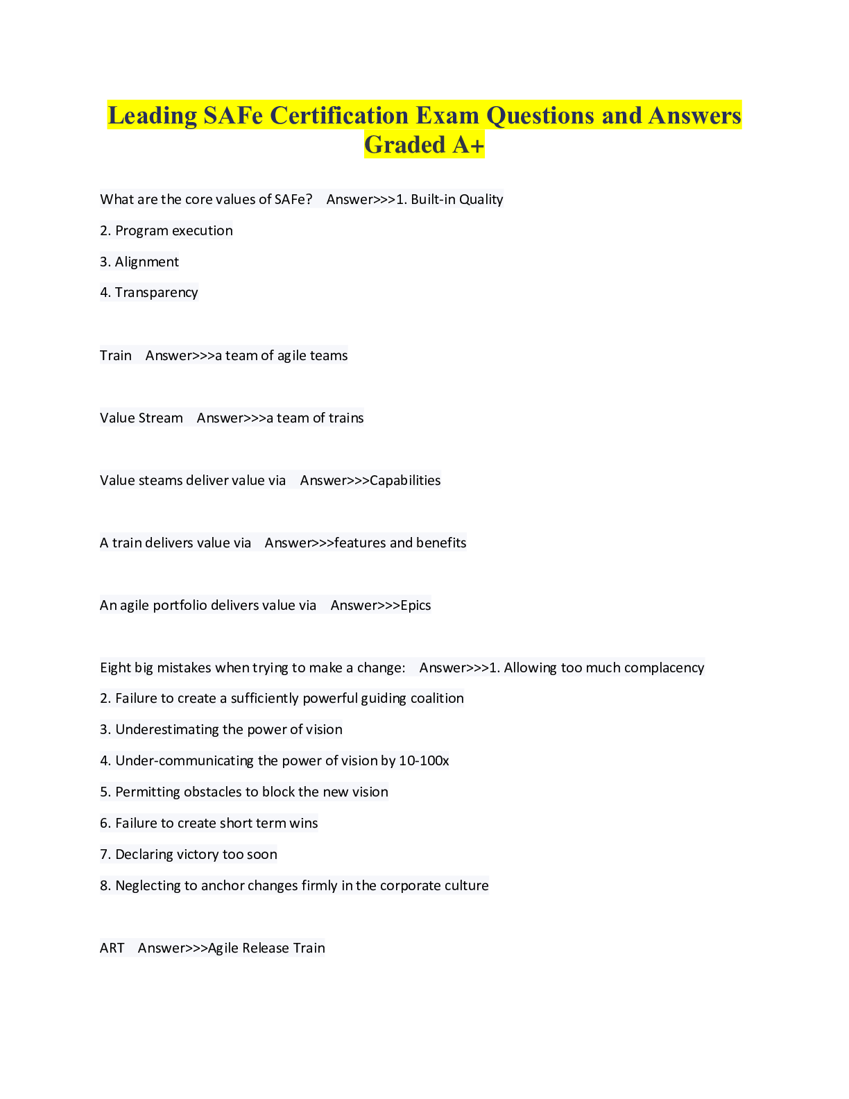 Preview image for Leading SAFe Certification Exam Questions and Answers Graded A+